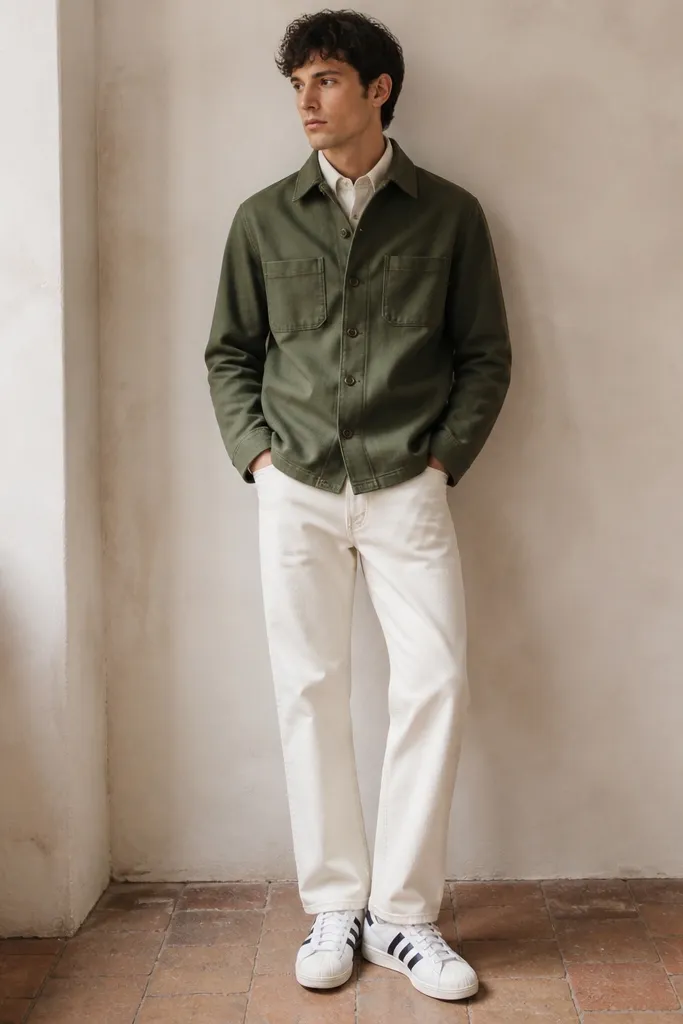 A model wearing an olive chore jacket over an off-white denim shirt, off-white straight jeans, and white Superstars. The jacket buttons are closed and there are visible chest pockets.