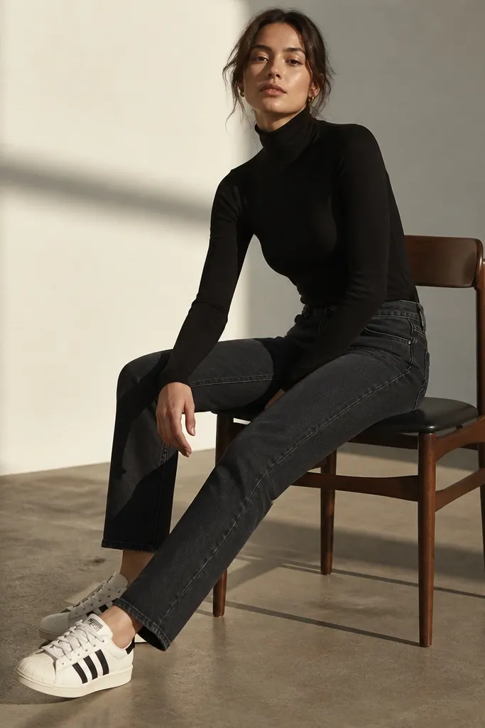 A model in a fitted black turtleneck, straight-leg dark jeans, and white Superstars. The turtleneck collar sits snug and the jeans have a clean hem line.