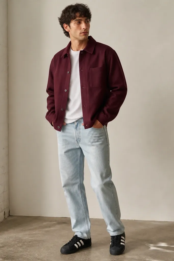 A model wearing a burgundy overshirt over a white tee, light wash jeans, and black Superstars. The overshirt has visible buttons and a boxy cut.