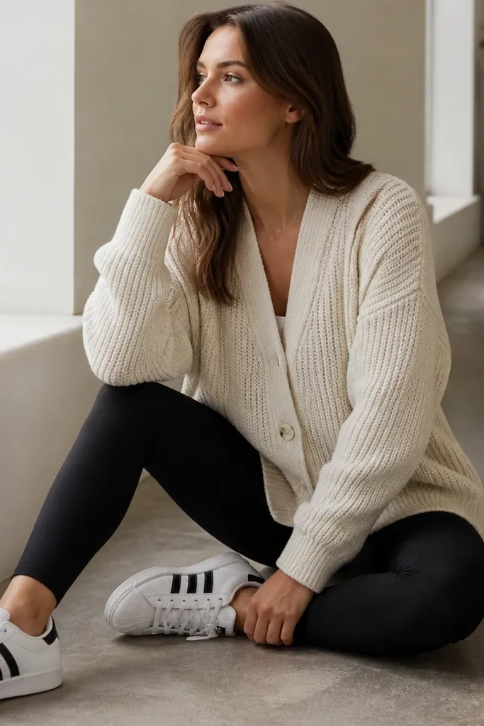 A model in black leggings, a cream oversized knit cardigan, and white Superstars. The cardigan falls to mid-hip and the outfit has a clean, monochrome base.