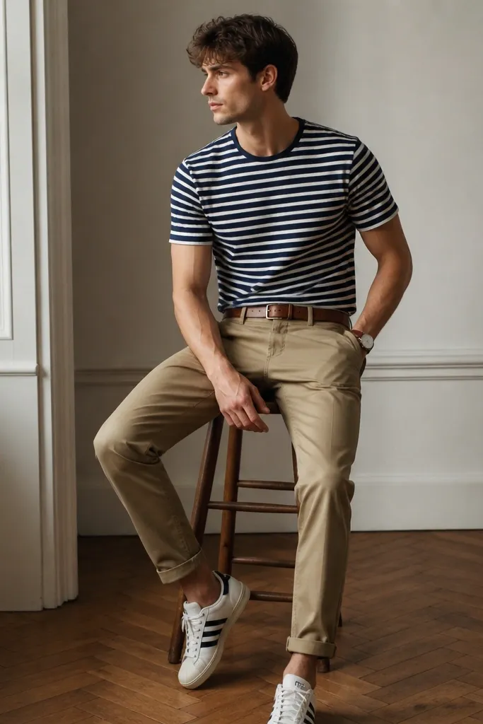 A model wearing a navy-and-white striped tee, khaki chinos, and white Superstars. A light brown leather belt and a simple wristwatch are visible.