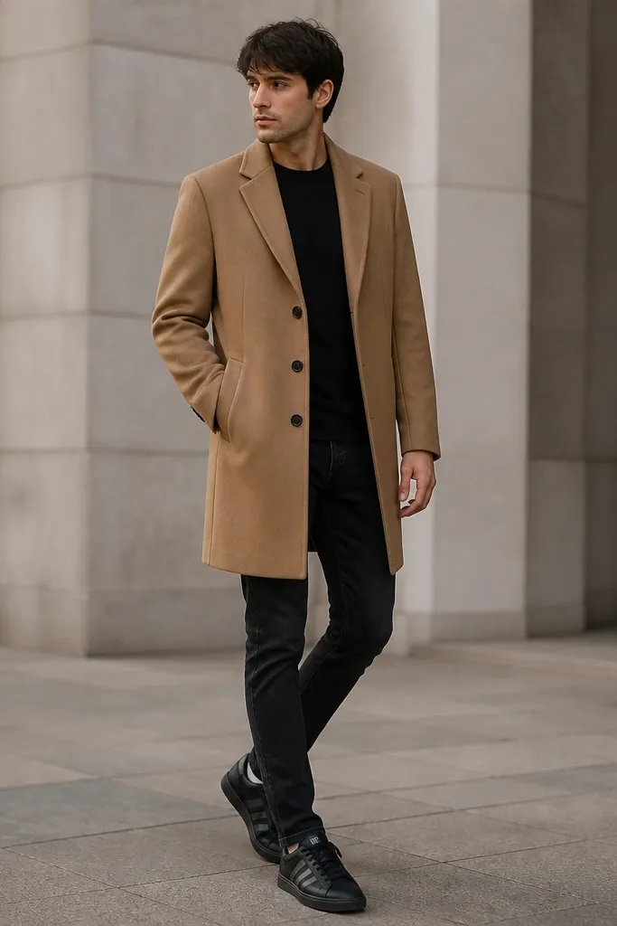 A model in a camel overcoat over a black tee, black jeans, and black Superstars. The coat has a structured collar and the hem falls around mid-thigh.