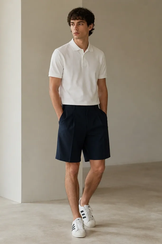 A model wearing a white polo shirt, navy pleated shorts, and white Superstars. The polo collar is crisp and the shorts have a clean front crease.