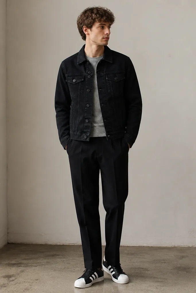 A model wearing a black denim jacket, a heather gray crew tee, black trousers with straight legs, and black-and-white Superstars. The jacket is buttoned and the trousers fall clean to the shoes.