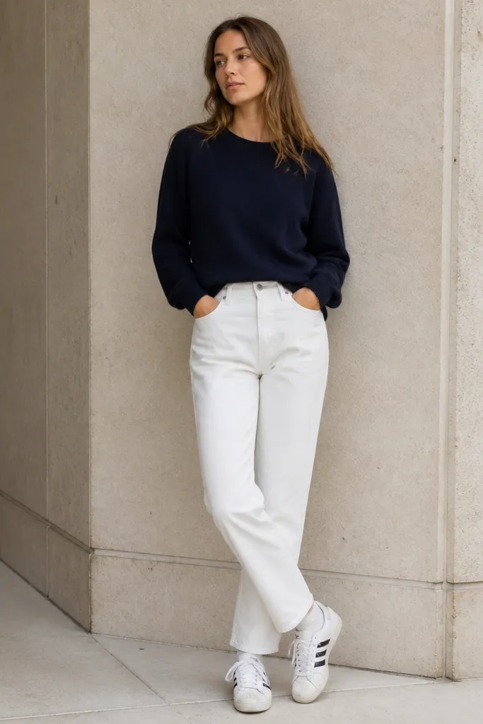 A model wearing a navy crew sweater, white jeans, and white Superstars. The sweater is tucked slightly at the front and the jeans are clean and bright.