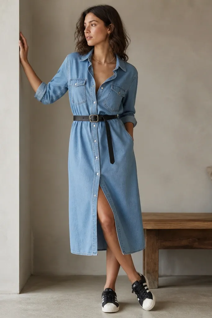 A model wearing a chambray denim shirt dress cinched with a black belt at the waist, black Superstars, and a simple silver necklace. Sleeves are rolled and the collar is open.
