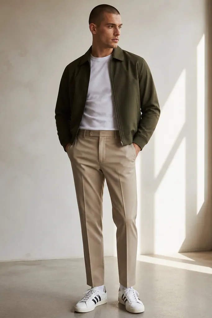A model wearing tan suit trousers with a white fitted tee and a short olive jacket, plus white Superstars. The trousers have a sharp crease and a clean hem above the shoe.