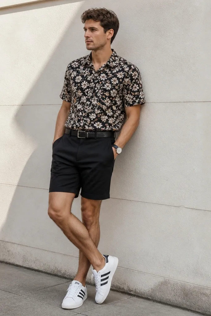 A model in a short-sleeve floral button-up, tucked into solid black shorts, wearing white Superstars. A black belt and simple watch are visible.