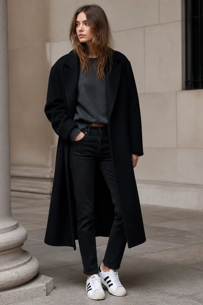 A model wearing a charcoal sweatshirt with black jeans and a long black coat, plus white Superstars. The coat hem falls below the knee and the sweatshirt is slightly cropped at the waist.