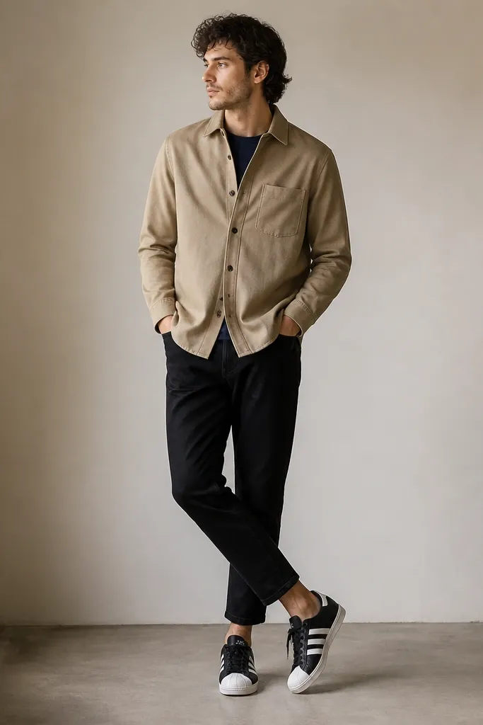 A model wearing a khaki overshirt over a navy tee, black jeans, and black Superstars. The overshirt is buttoned and the jeans show a clean ankle line.