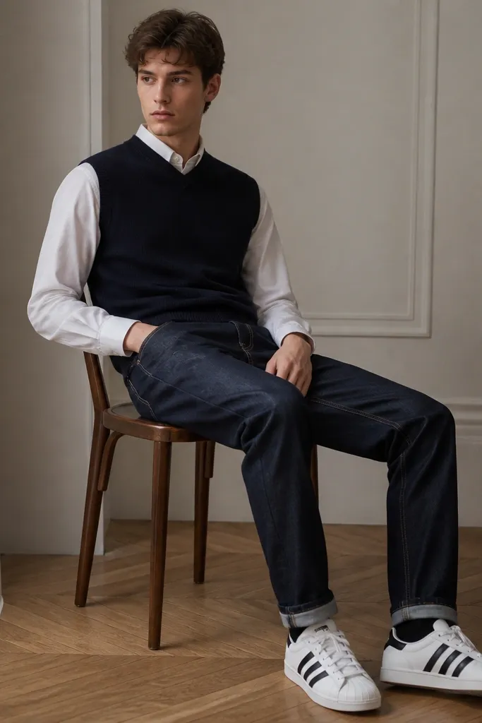 A model wearing a navy sweater vest over a white button-down, dark indigo jeans, and white Superstars. The vest sits snug and the shirt collar peeks out.