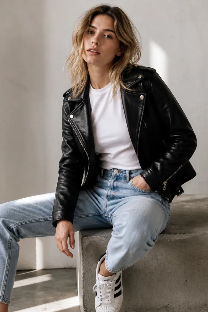 A model wearing a black leather moto jacket over a white tee, light wash jeans, and white Superstars. The jacket has visible zippers and the tee looks fitted.