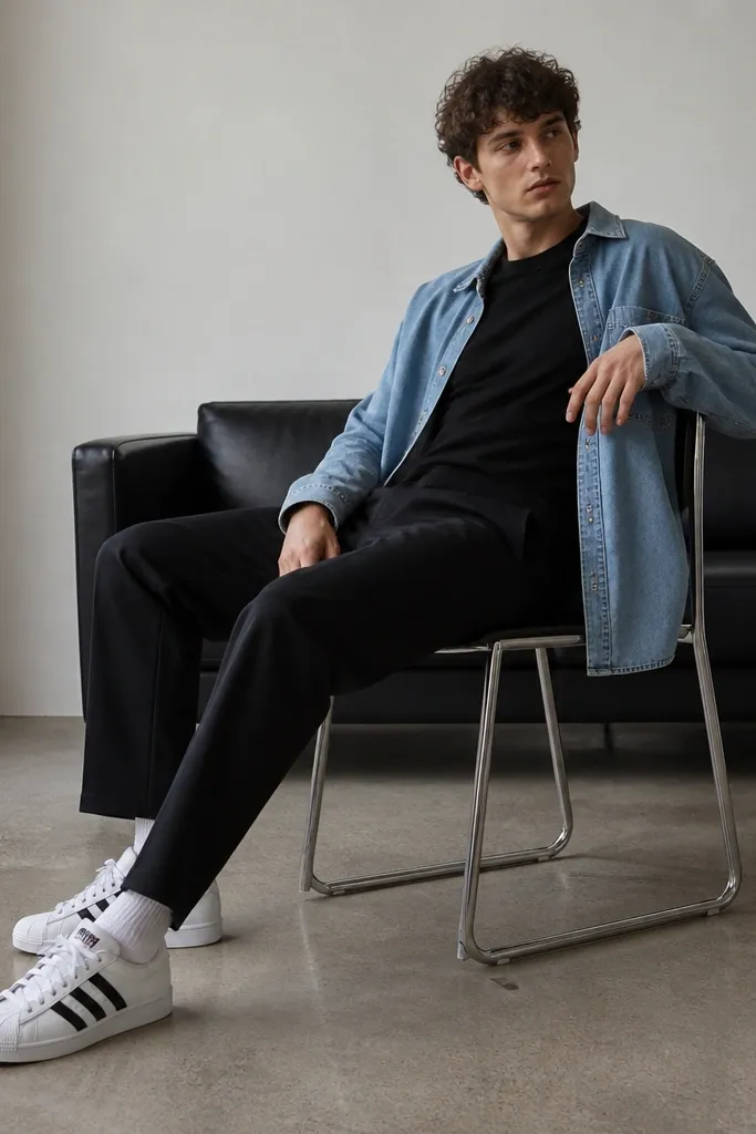 A model in a light blue denim overshirt over a black tee, black trousers, and white Superstars. White crew socks peek above the shoe line.