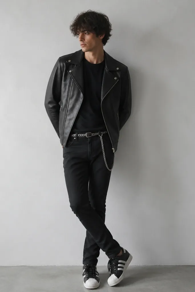 A black leather-look moto jacket with a silver front zipper and angled pockets over a black crewneck tee, slim black jeans, black low-top adidas Superstar sneakers with white shell toes, and a silver chain belt worn at the waist.