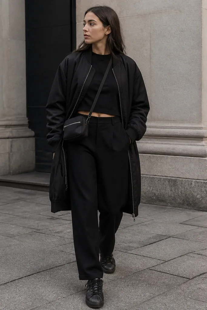 A long black bomber jacket with ribbed cuffs worn open over a slightly cropped black graphic-free tee, black straight-leg pants, black Superstar sneakers, and a small black crossbody bag with a silver zipper.