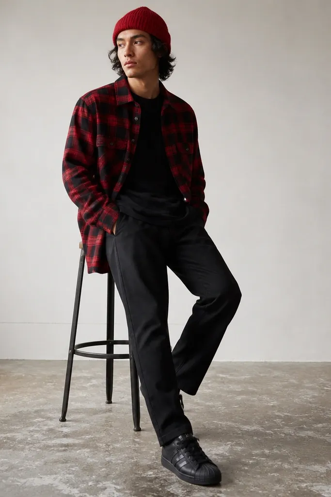 A black-and-red tartan overshirt worn open over an all-black outfit, black straight pants, black Superstar sneakers, and a red beanie.