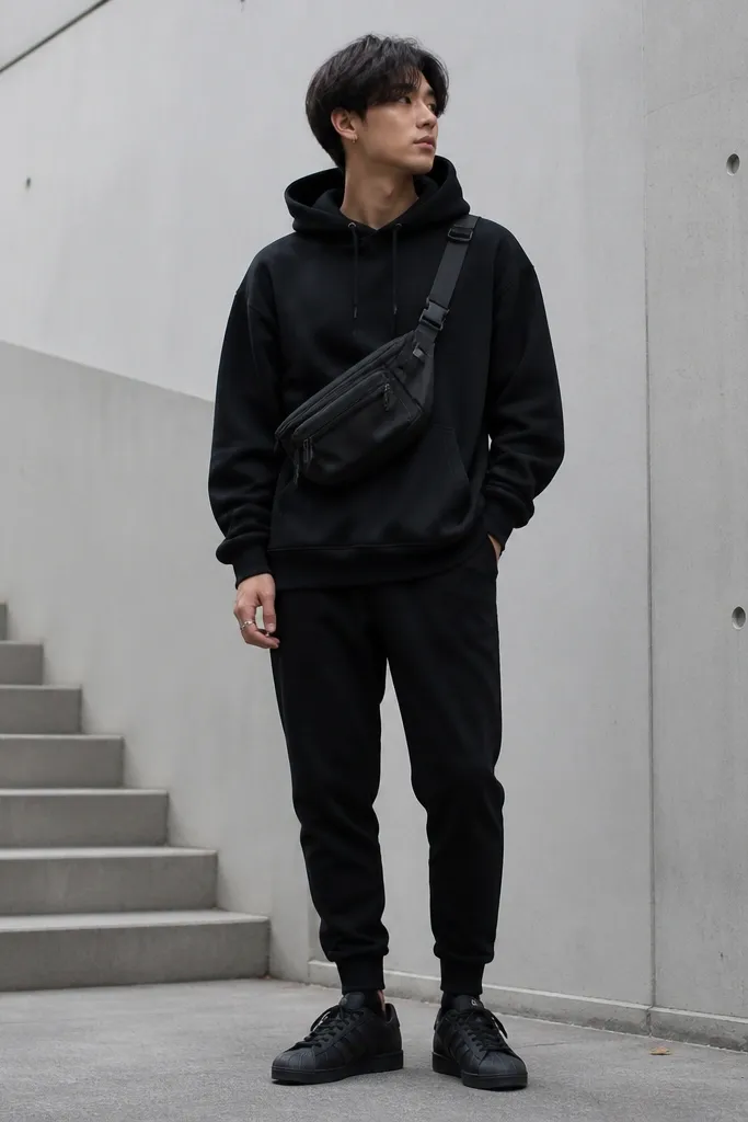 A black pullover hoodie with a slightly oversized fit, an all-black utility belt bag worn crossbody at the hip, black tapered joggers, black Superstar sneakers, and a thin silver ring on one hand.