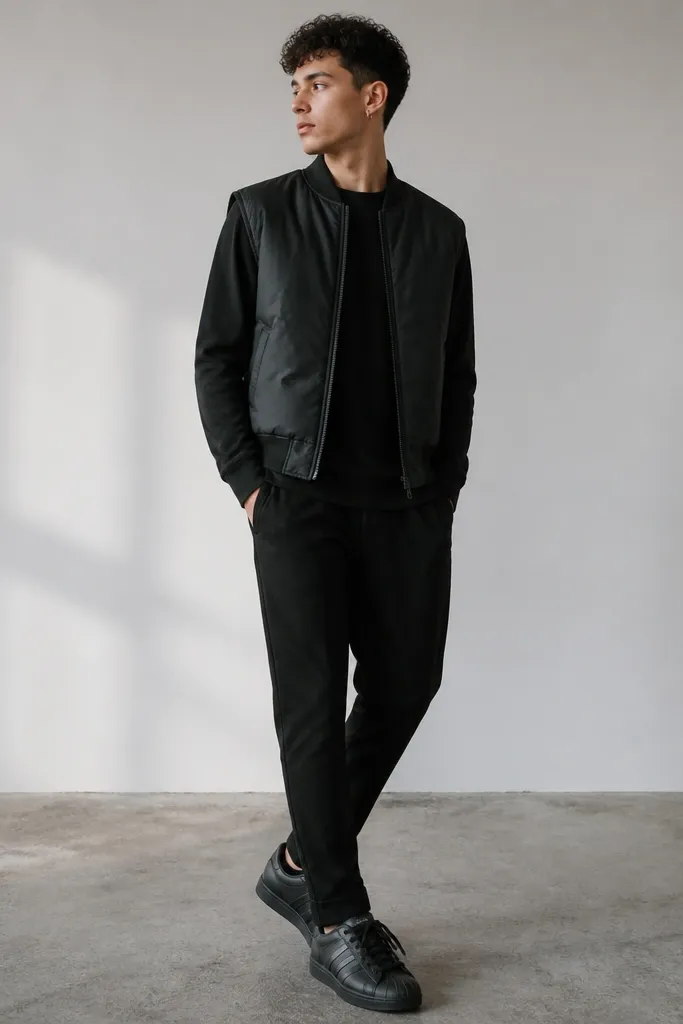 A black bomber-style vest with ribbed arm openings worn over a long-sleeve black tee, black tapered pants, black Superstar sneakers, and a small silver hoop earring.