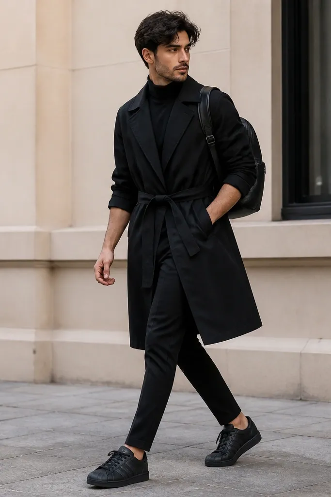 A black trench coat with a belt worn over a black turtleneck, rolled sleeves showing forearms, black slim pants, black Superstar sneakers, and a small black leather backpack.
