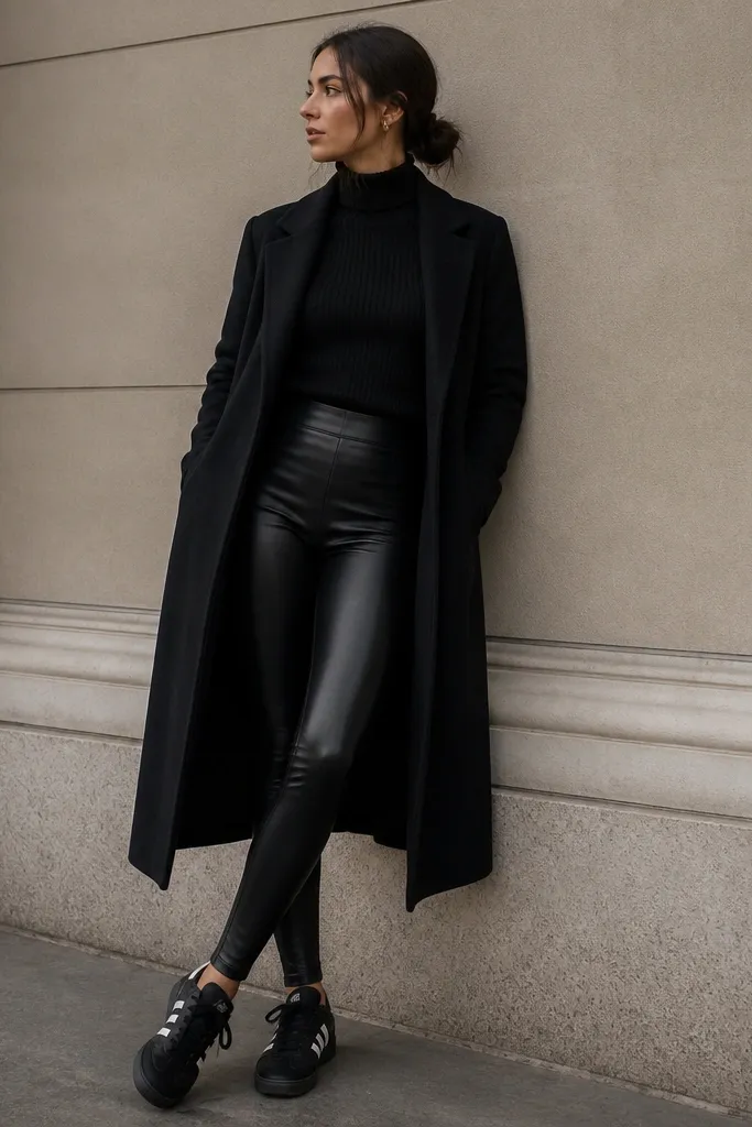 A ribbed black turtleneck sweater tucked into black leather-look leggings, black Superstar sneakers, and a long black coat worn open.