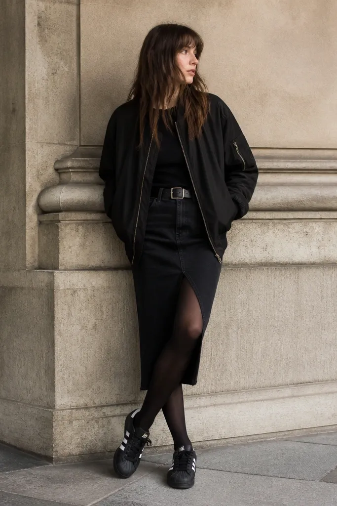 A black denim skirt with a side slit, a black bomber jacket, black tights, black Superstar sneakers, and a silver buckle belt.
