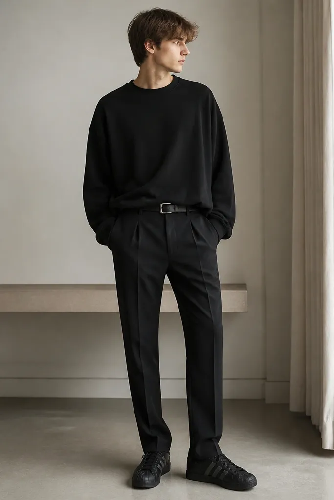 Black suit trousers with a crease and slight taper, an oversized black sweatshirt worn loose, black Superstar sneakers, and a thin black leather belt with a silver buckle.