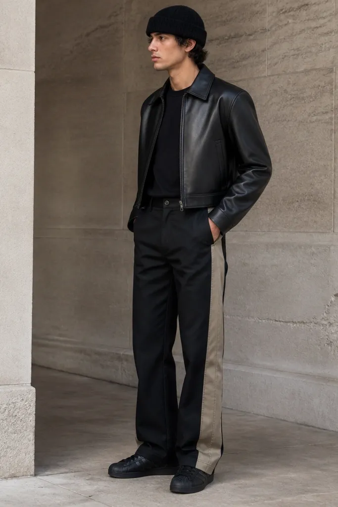 A cropped black leather jacket over a black tee, straight-leg pants that are black with a khaki panel or stripe detail, black Superstar sneakers, and a black beanie.