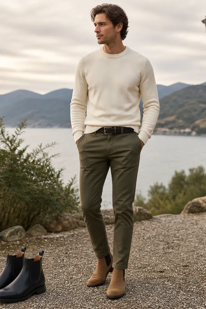 A man standing outdoors wearing a cream crewneck sweater, olive slim chinos with a slight taper, a black leather belt, and tan chelsea boots; a black chelsea boot pair is visible in the foreground for the outfit match.
