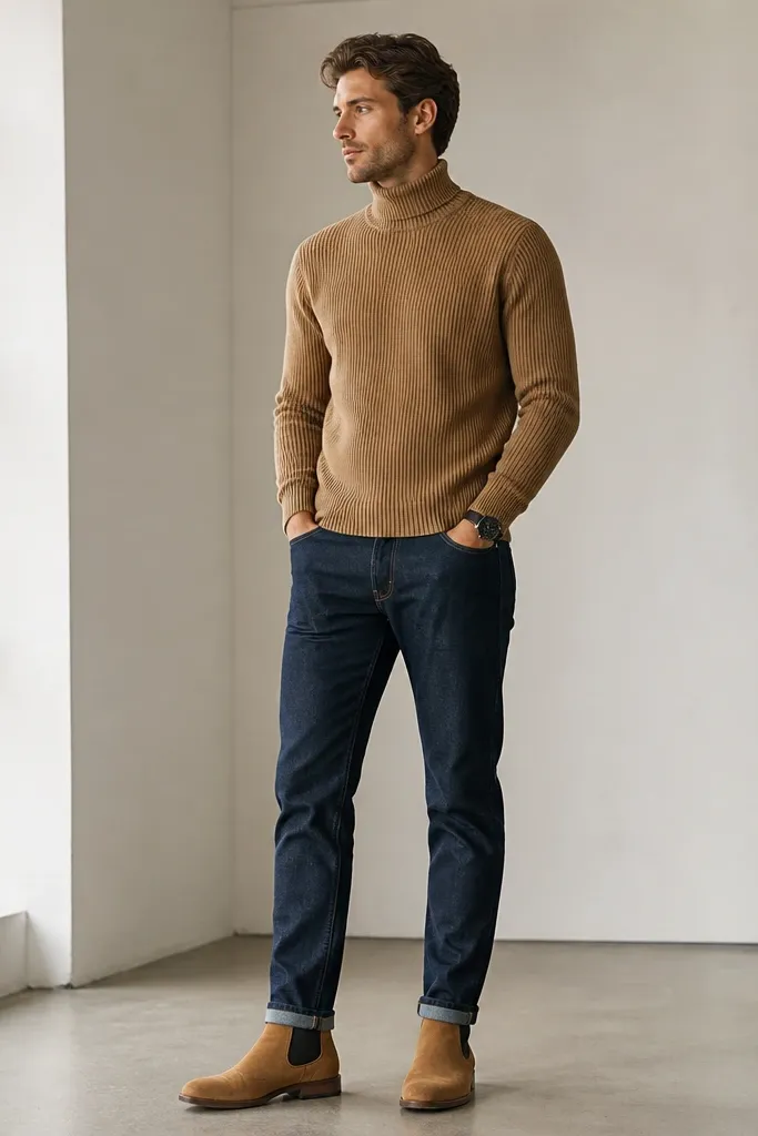 A full-body photo of a man in a camel ribbed turtleneck, dark indigo slim-straight jeans, and tan chelsea boots; he wears a black watch and the boots are the clearest focal point.