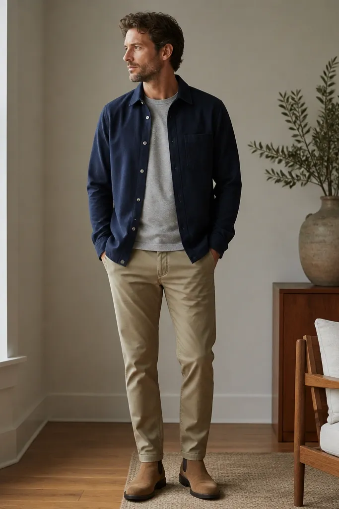 A man wears a navy overshirt over a heather gray knit tee, khaki chinos, and tan chelsea boots; the overshirt buttons are visible and the outfit looks casual but neat.
