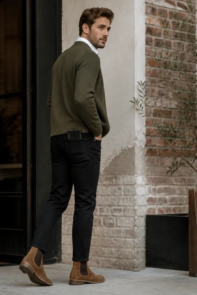 A man in an olive cardigan layered over a crisp white button-up, paired with black jeans and tan chelsea boots; a black leather wallet peeks from a back pocket.