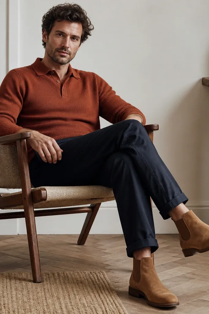 A man wearing a rust knit polo shirt, navy chinos, and tan chelsea boots; the polo collar sits neatly and the boots are angled toward the camera.
