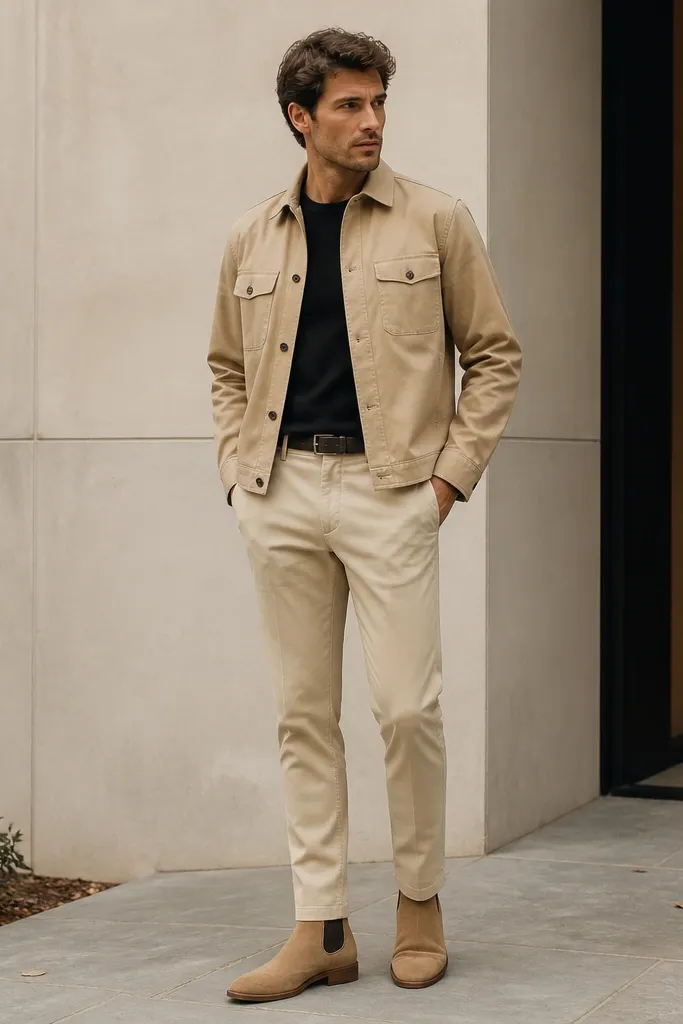 A man wearing a black crewneck sweater under a tan overshirt, paired with sand-colored chinos and tan chelsea boots; the overshirt hem sits just above the belt line.