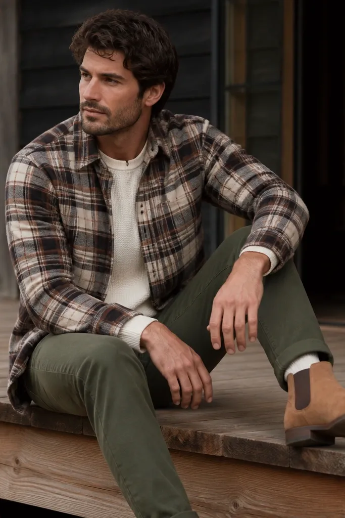 A man wearing a plaid flannel shirt over a light thermal, olive trousers, and tan chelsea boots; the flannel pattern is visible and the collar is open slightly.