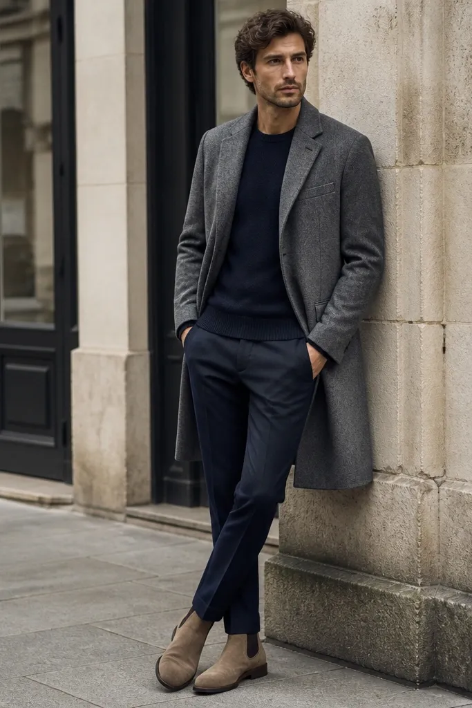 A man in a mid-gray wool coat over a navy sweater, wearing dark trousers and tan chelsea boots; the coat sleeves show a slight cuff break.