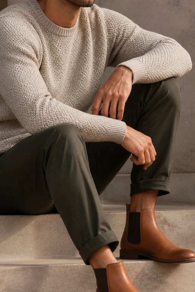 A close-up outfit photo: oatmeal textured knit sweater, dark olive chinos, and tan chelsea boots; the knit texture catches light and the boots are clean and polished.