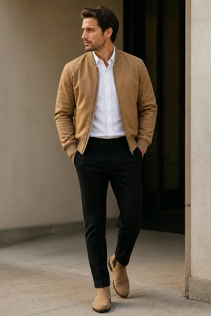 A man wearing a white oxford shirt, a camel bomber jacket, black trousers, and tan chelsea boots; the shirt collar is visible and the bomber has a ribbed hem.