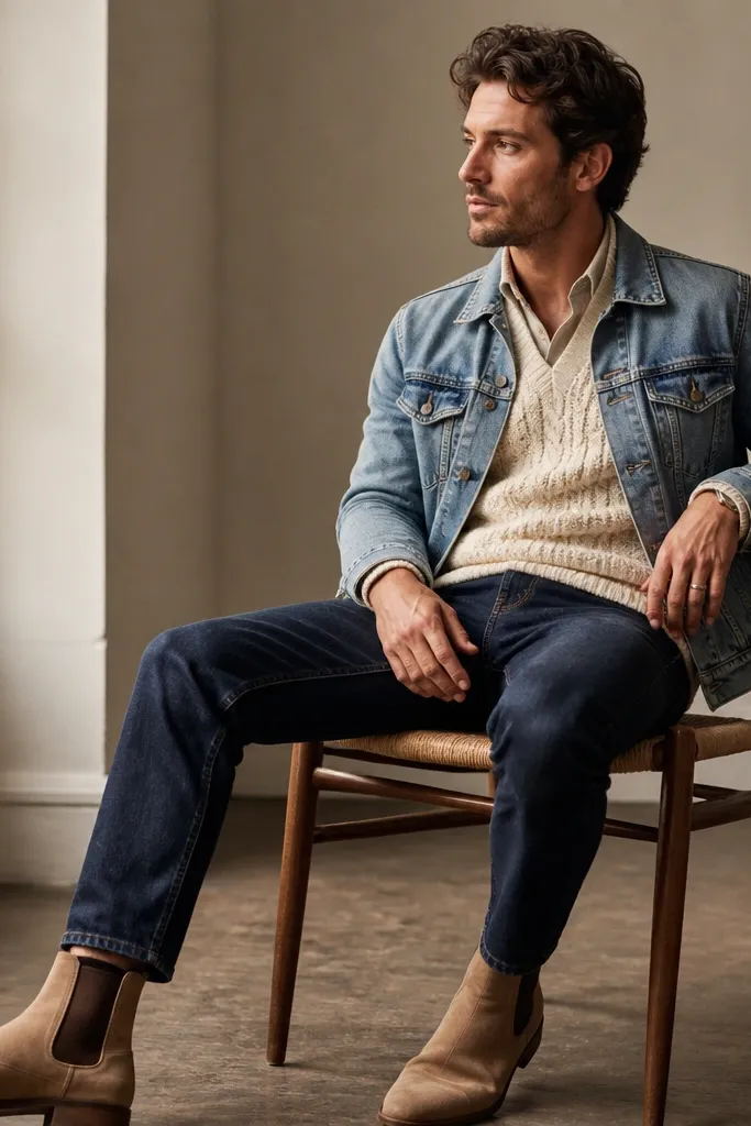 A man wearing a light blue denim jacket over a cream sweater vest, paired with indigo jeans and tan chelsea boots; the vest texture is clearly visible.