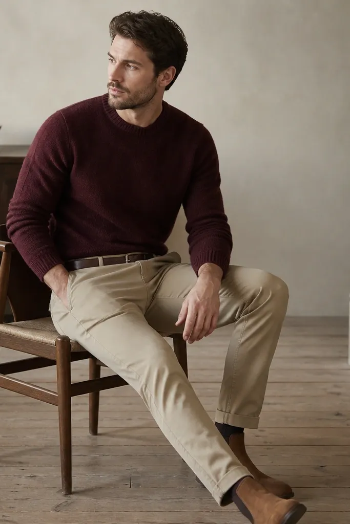 A man in a burgundy knit sweater, beige chinos, and tan chelsea boots; the dark brown belt matches the boots and the sweater looks thick and soft.