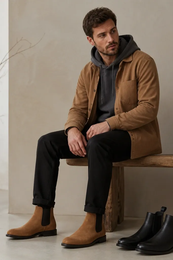 A man wearing a charcoal hoodie under a tan overshirt, black pants, and tan chelsea boots; a second pair of black chelsea boots is shown to emphasize the cozy smart casual combo.