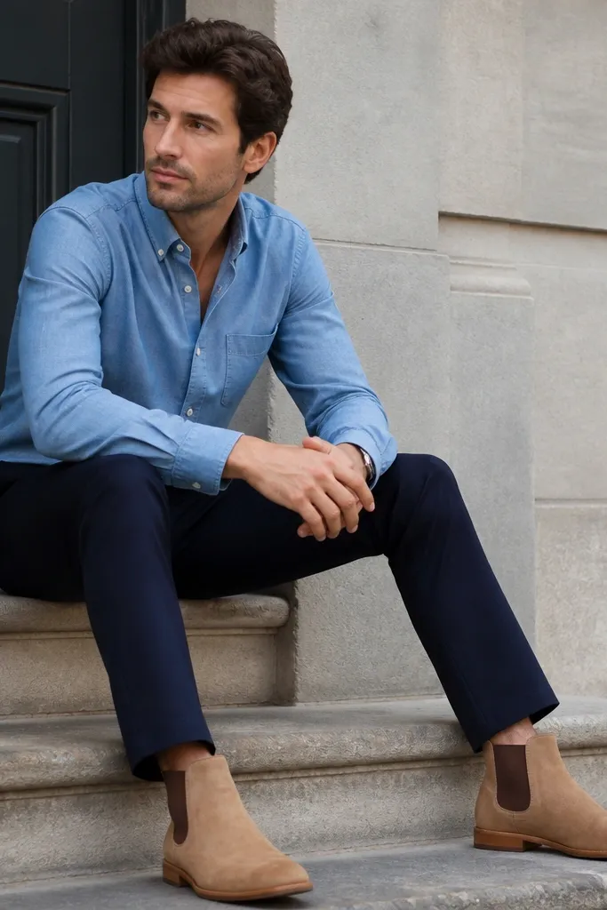A man wearing a light blue chambray button-up, navy trousers, and tan chelsea boots; the shirt is slightly open at the collar and the trousers have a smooth front.