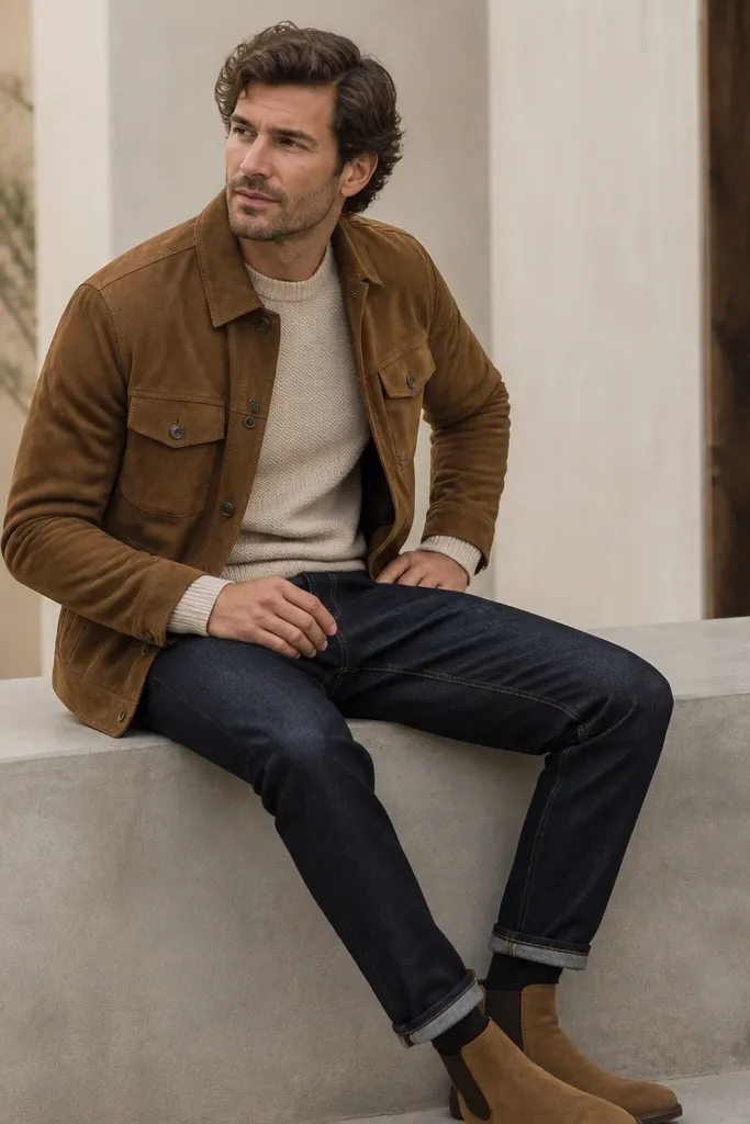 A man wearing a brown suede jacket over an oatmeal sweater, dark jeans, and tan chelsea boots; the suede texture shows clearly in the photo.