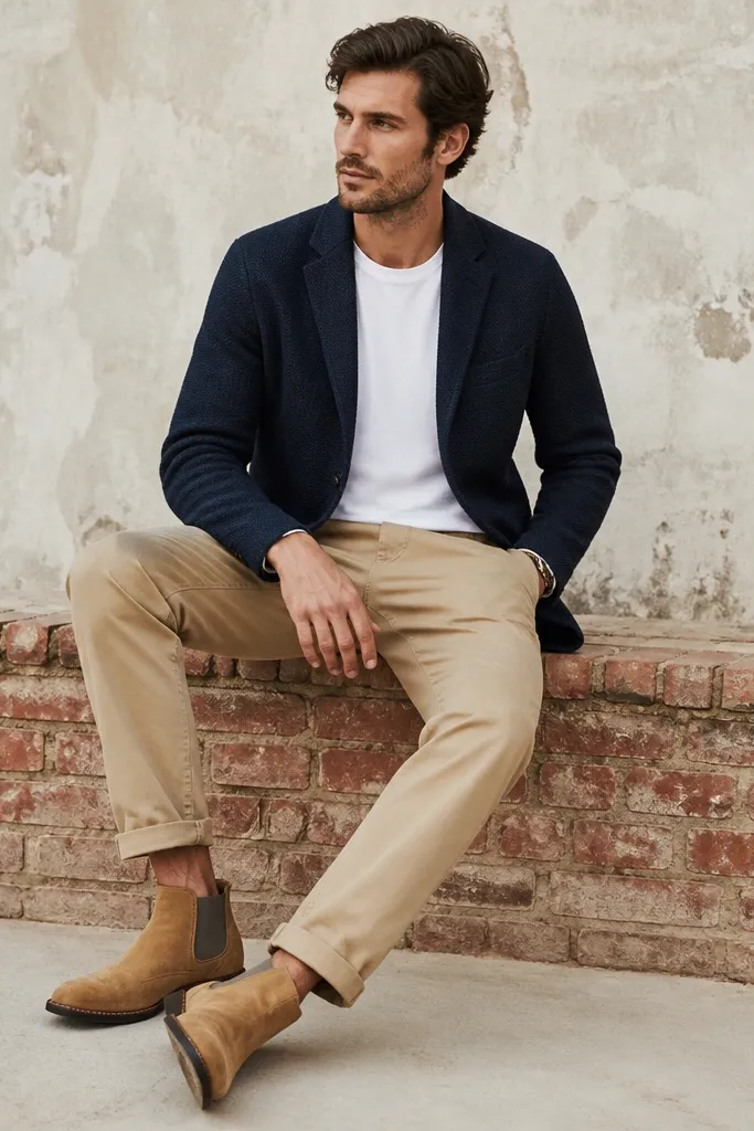 A man wearing a navy knit blazer over a white tee, tan chinos, and tan chelsea boots; the knit blazer has visible texture and a relaxed fit.