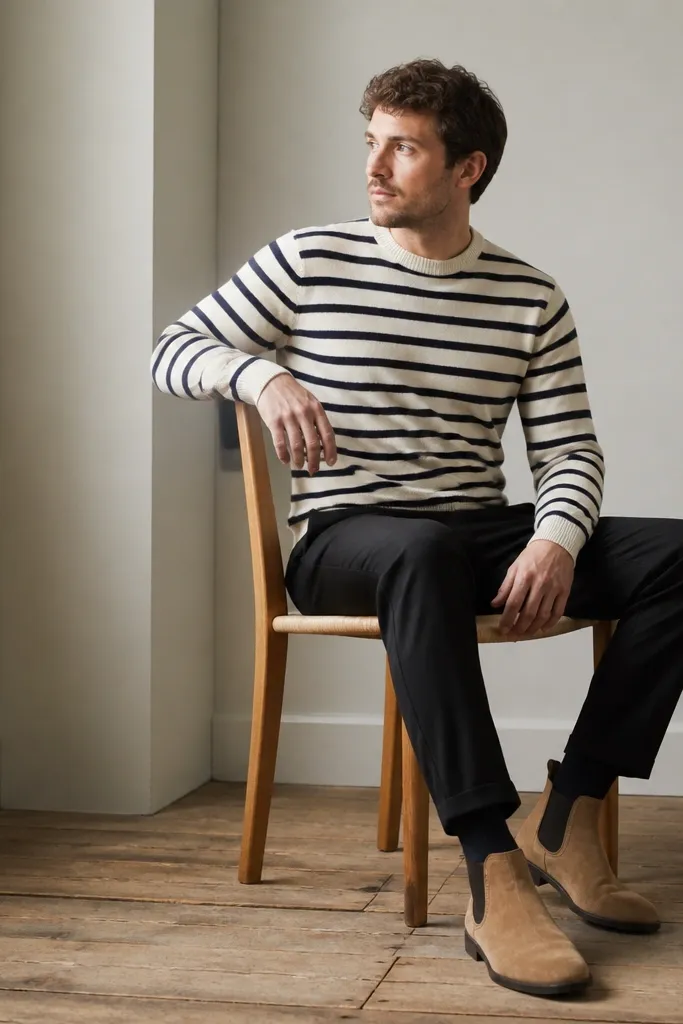 A man in a sweater with cream and navy stripes, black trousers, and tan chelsea boots; the stripes are horizontal and evenly spaced.