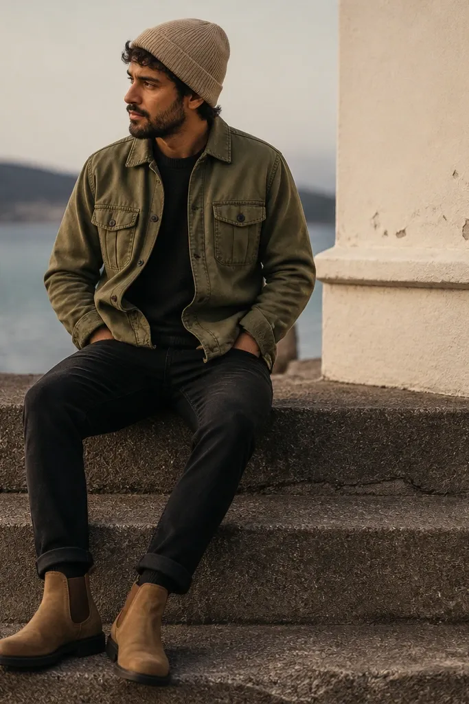A man wearing an olive overshirt, black denim jeans, a beige knit beanie, and tan chelsea boots; the beanie adds a cozy winter touch.