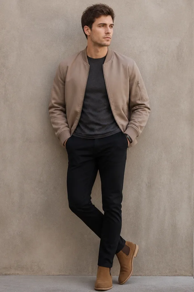 A man in a charcoal t-shirt, tan bomber jacket, black chinos, and tan chelsea boots; the bomber has ribbed cuffs and the outfit looks clean and casual.