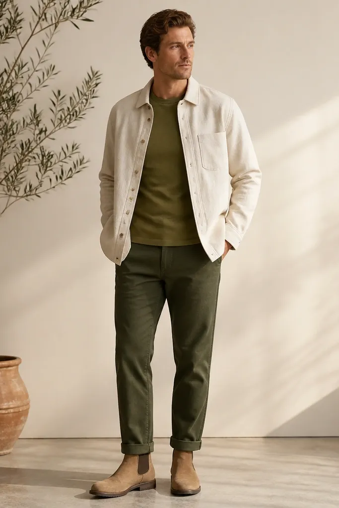 A man wearing a cream overshirt over an olive tee, olive or dark olive pants, and tan chelsea boots; the pant hem is cuffed once to show the boot.