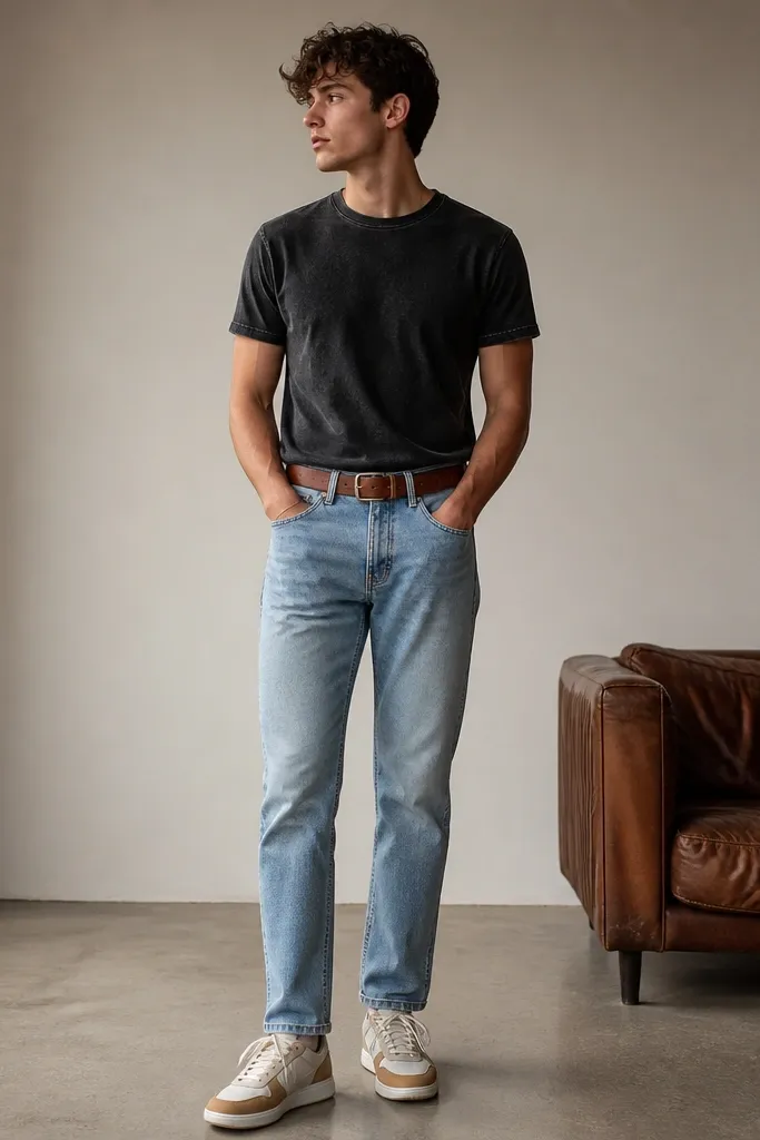 A full-body streetwear outfit: washed black short-sleeve tee tucked into straight light-wash blue jeans with a clean ankle break, brown belt, and the shoes in frame with visible lace panels.