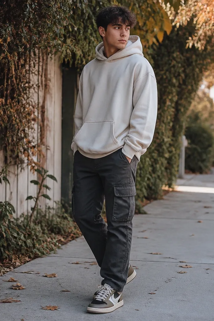 A casual winter-to-fall look: cream pullover hoodie with a relaxed fit, charcoal cargo pants with visible pockets, and travis scott shoes on a sidewalk, laces centered and panels catching light.