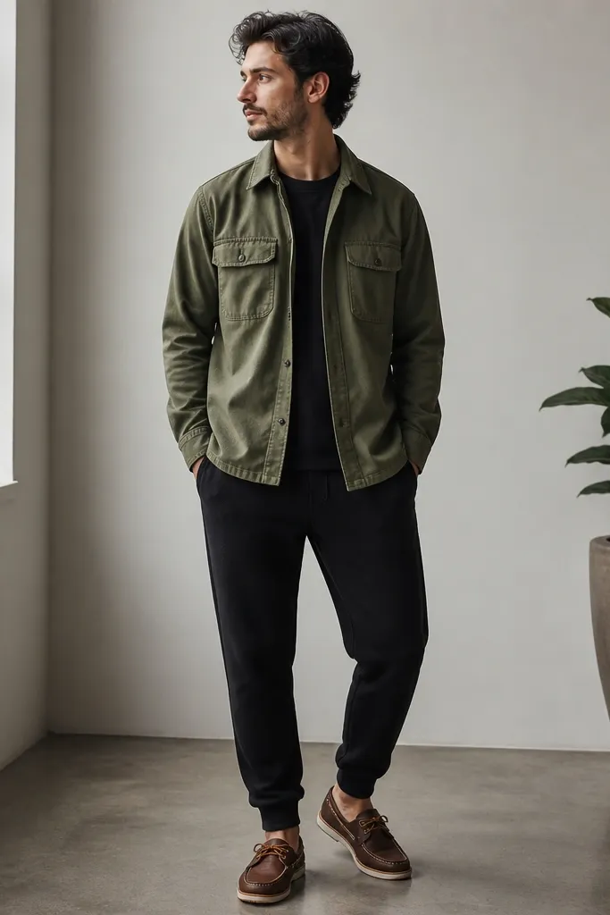 An overshirt in olive green worn open over a dark layer, black joggers with tapered cuffs, and the shoes clearly visible with contrasting stitching.